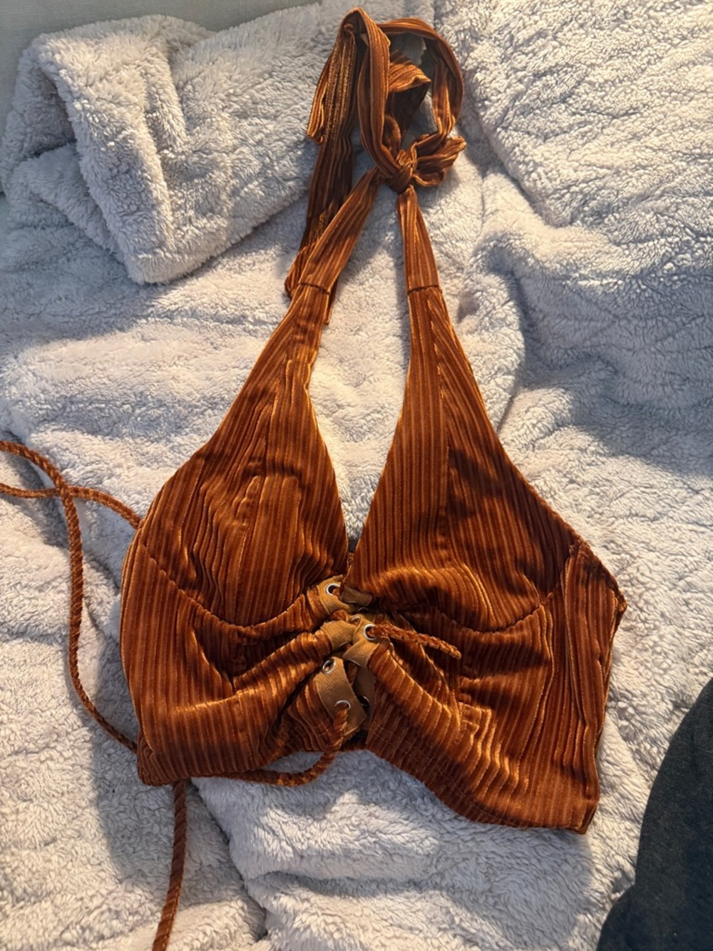 SHEIN Rust Brown Ribbed Halter Crop Top